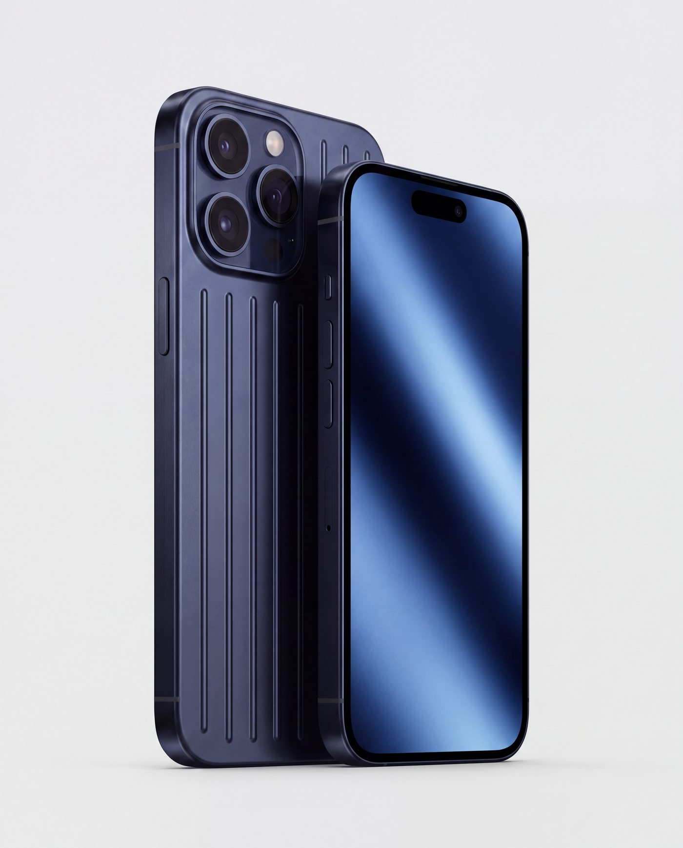 Deep Blue | Hero — ribbed case and phone, blue chrome screen