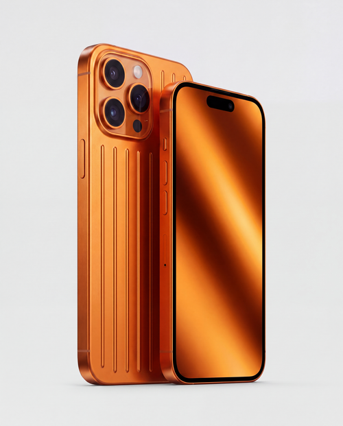 Cosmic Orange | Hero — ribbed case and phone, orange chrome screen
